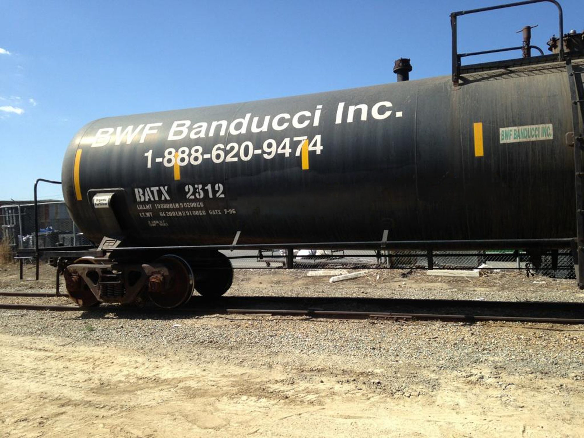 A BWF Banducci Inc. rail tank car on the siding at the Bakersfield facility