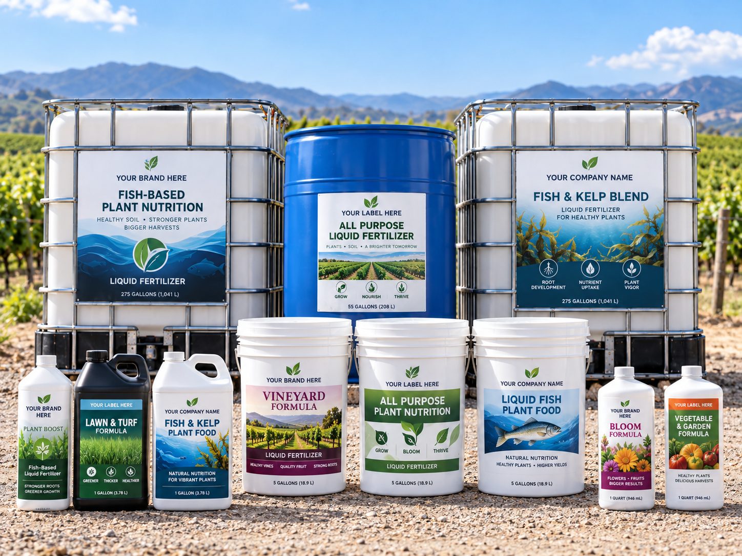Private label liquid fish fertilizer in totes, a 55-gallon drum, and bottles